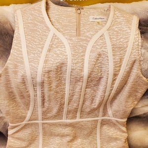 Calvin Klein tan and white sleeveless sheath with graphic piping, size 12